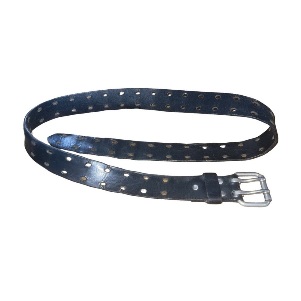 Genuine Leather Double Hole Black Belt Silver Buckle SZ 42 Punk Goth Biker Retro